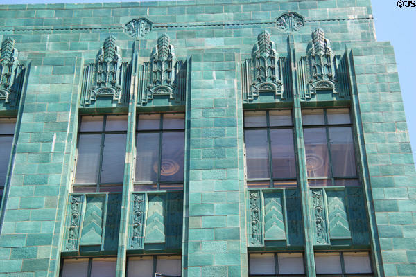 Green terra cotta facade details of I. Magnin Building. Oakland, CA.