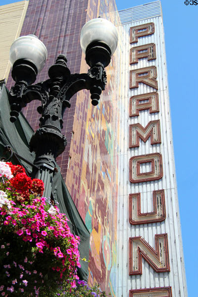 Paramount Theatre sign over street light. Oakland, CA.