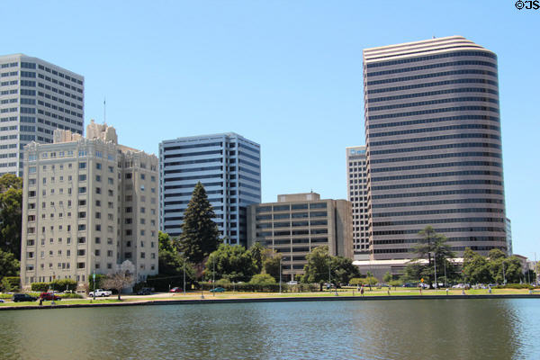Bechtel Building through Lake Merritt Plaza over Lake Merritt. Oakland, CA.