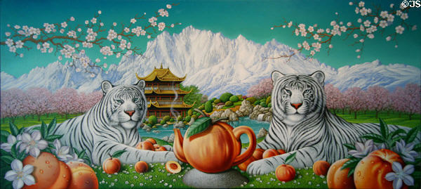 Imperial White Peach tea box art by Braldt Bralds at Celestial Seasonings Factory. Boulder, CO.