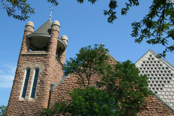 Square tower with round roof of First United Methodist Church. Boulder, CO.