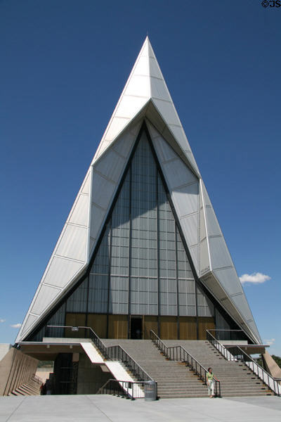 End view of USAF Academy Chapel recall swept wings of a fighter jet. Colorado Springs, CO.