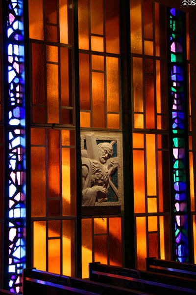 Crucifixion scene by Lumen Martin Winter in lower Catholic chapel of USAF Academy Chapel. Colorado Springs, CO.
