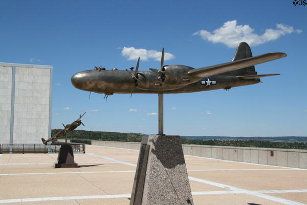 B-29 Superfortress bomber & P-38 Lightening commemorative models on Honor Court before Arnold Hall at USAF Academy. Colorado Springs, CO.