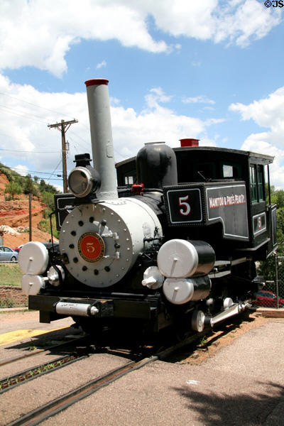 Steam locomotive #5 (1901) of Pike's Peak Cog Railway made by Baldwin Locomotive Works on display at Pike's Peak station. Manitou Springs, CO.