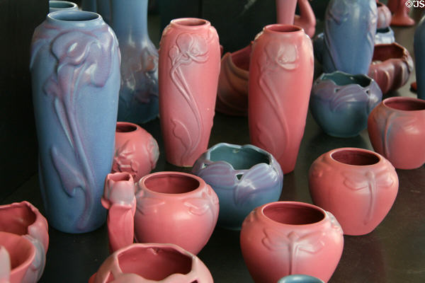 New pink & blue pottery with irises & butterflies at Van Briggle Pottery. Colorado Springs, CO.