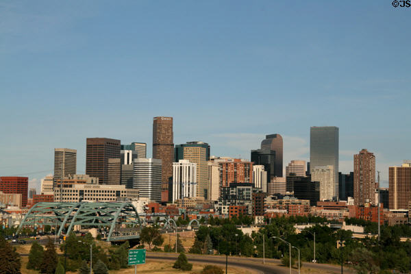 Skyline of Denver from west with Speer Bridge. Denver, CO.