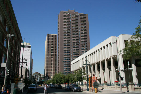 Federal Reserve Bank & streetscape along Curtis St. including Brooks Tower. Denver, CO.