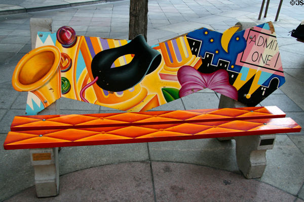 Art in the Streets painted bench with entertainment theme (c1992). Denver, CO.