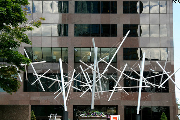 Soft Landing sculpture (1982) by Kenneth Snelson at Seventeenth Street Plaza (1982) (33 floors) (1225 17th St.). Denver, CO. Architect: Wendel Duchsherer Architects & Engineers.