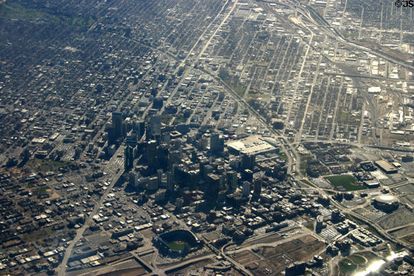 Highrises of downtown Denver from the air. Denver, CO.