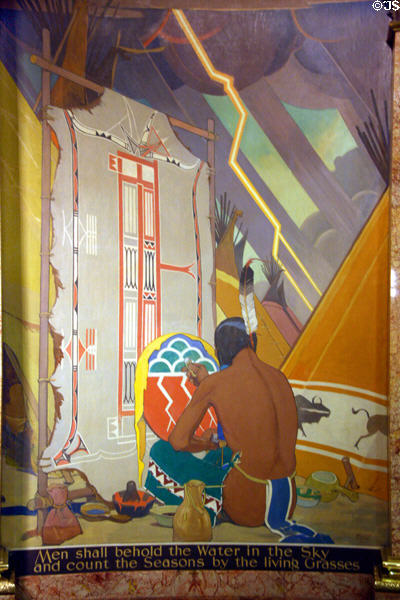 Native American with his arts mural (1940) by Alan True in rotunda of Colorado State Capitol. Denver, CO.