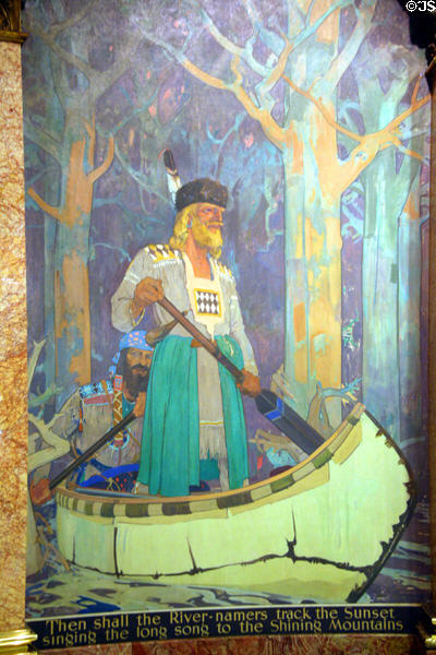 Early explorers in canoe mural (1940) by Alan True in rotunda of Colorado State Capitol. Denver, CO.