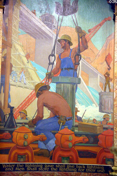 Building a hydroelectric dam mural (1940) by Alan True in rotunda of Colorado State Capitol. Denver, CO.