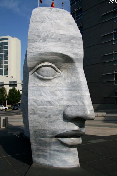 View of face of sculpture East 2 West Source Point (2003) by Larry Kirkland at Webb Municipal Office Building. Denver, CO.