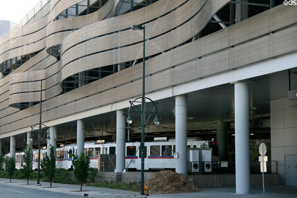 Denver streetcar runs through Colorado Convention Center. Denver, CO.