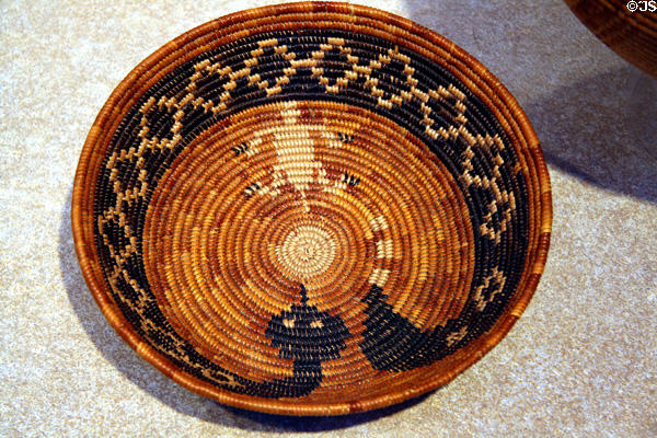 Mission Indian basket tray (1920) with design of rattlesnake & horned lizard at Denver Art Museum. Denver, CO.