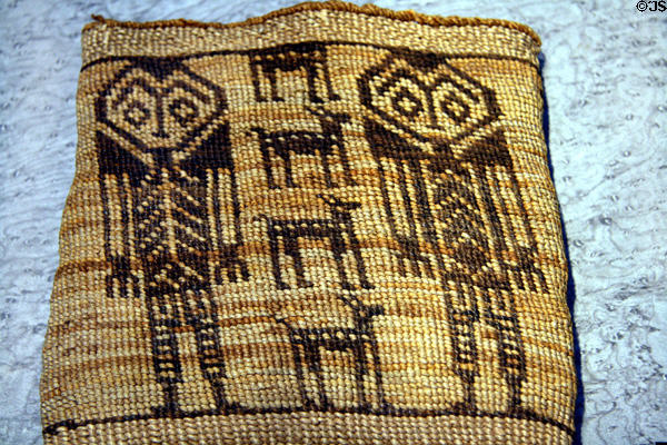 Wasco Indian woven wallet (1890s) with human figures at Denver Art Museum. Denver, CO.