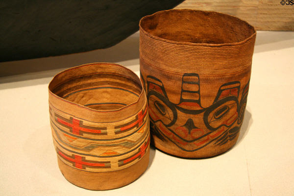 Haida (left) & Tlingit woven basket containers (c1900) at Denver Art Museum. Denver, CO.