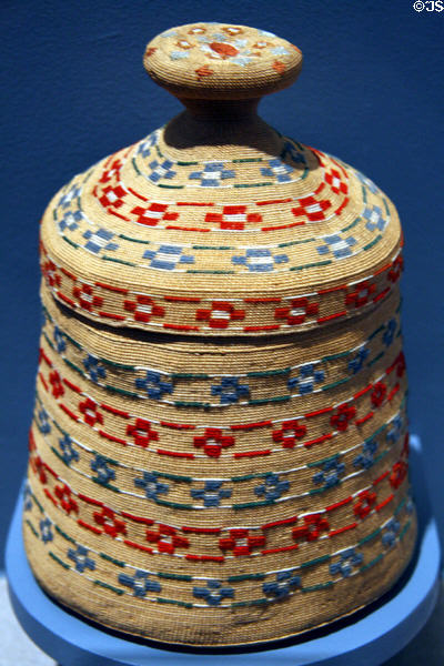 Aleut woven basket with lid (c1910) at Denver Art Museum. Denver, CO.
