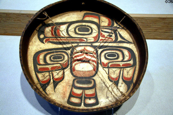 Tlingit rawhide drum (c1880) with image of eagle at Denver Art Museum. Denver, CO.