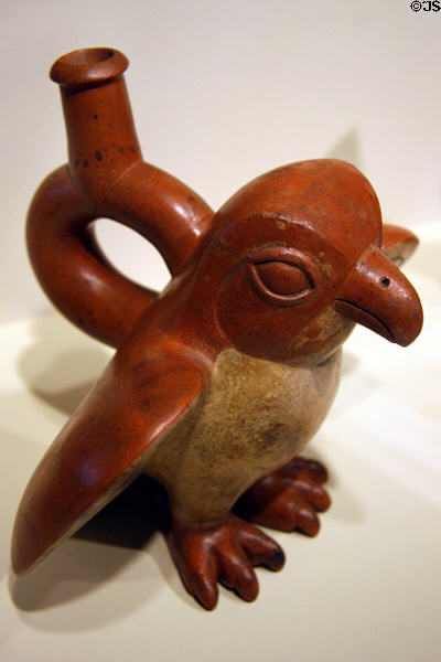 Moche falcon stirrup earthenware vessel (100-300) from North Coast of Peru at Denver Art Museum. Denver, CO.