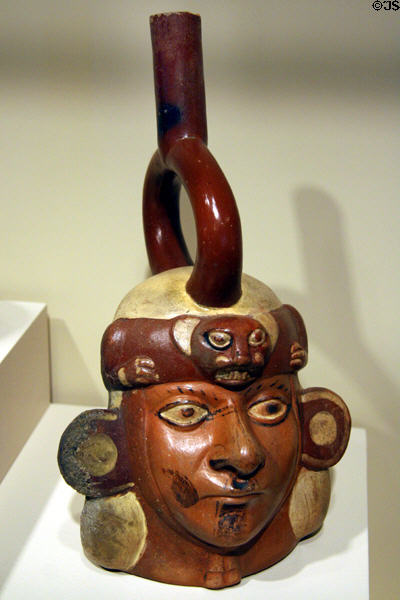 Moche earthenware portrait bottle (300-600 CE) from North Coast of Peru at Denver Art Museum. Denver, CO.