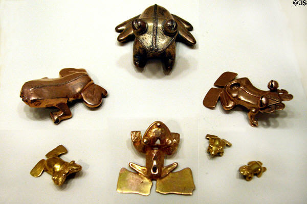 Diquis & Tairona gold frog pendants (500-1600 CE) from Costa Rica & Colombia at Denver Art Museum. Denver, CO.