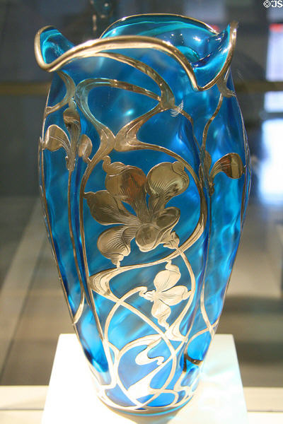 American Art Nouveau blue glass vase with silver flowers (1900) by La Pierre Mfg. Co at Denver Art Museum. Denver, CO.