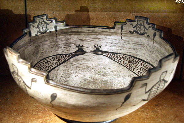 Zuni Pueblo terraced bowl with snakes & tadpoles (c1800) at Colorado History Museum. Denver, CO.