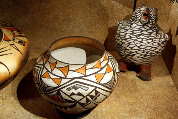 Acoma Pueblo ceramic jar (1920-50) & Zuni Pueblo owl effigy (1875-80) at Colorado History Museum. Denver, CO.