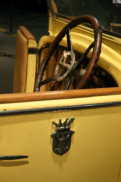 Steering wheel & door crest of Hispano Suiza Victoria Town Car (1923) at Forney Museum. Denver, CO.