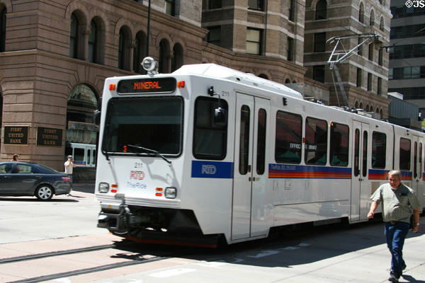 TheRide (RTD) light rail vehicle on street of Denver. Denver, CO.