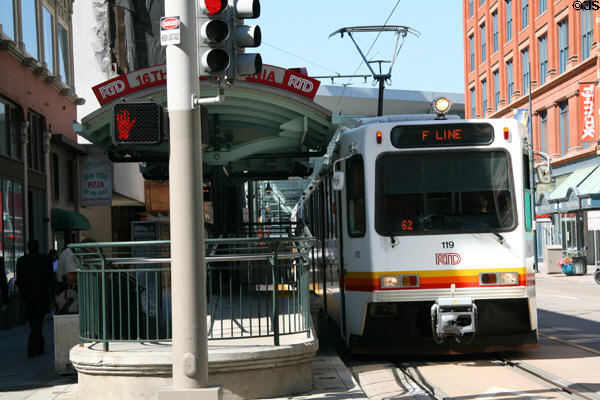 TheRide light rail car at downtown Denver station. Denver, CO.