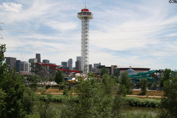 Six Flags Elitch Gardens against skyline of Denver over Central Platte River. Denver, CO.