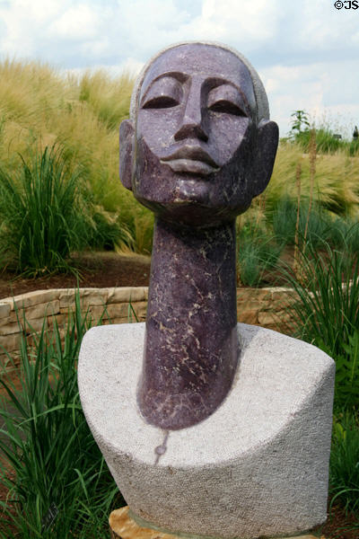 Chief's Advisor stone sculpture (2000) by Joe Mutasa of Zimbabwe at Denver Botanic Gardens. Denver, CO.