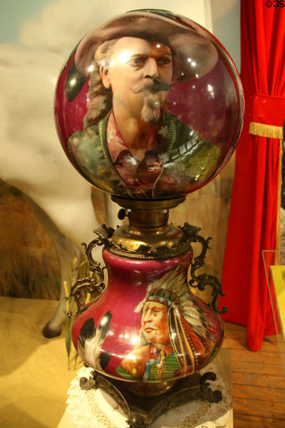 Hand-painted lamp (c1886) with portraits of Buffalo Bill & Sitting Bull at Buffalo Bill Museum. Lookout Mountain, CO.