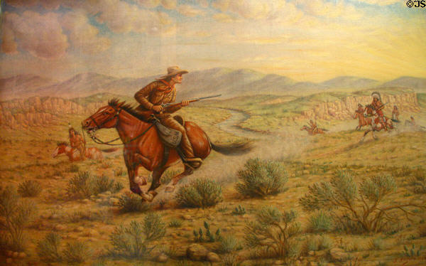 Painting (1934) of Indians chasing U.S. Mail rider by J.P. Gogolin at Buffalo Bill Museum. Lookout Mountain, CO.