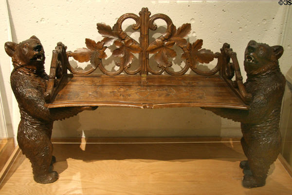 Swiss carved bench with bears given to Cody at Buffalo Bill Museum. Lookout Mountain, CO.