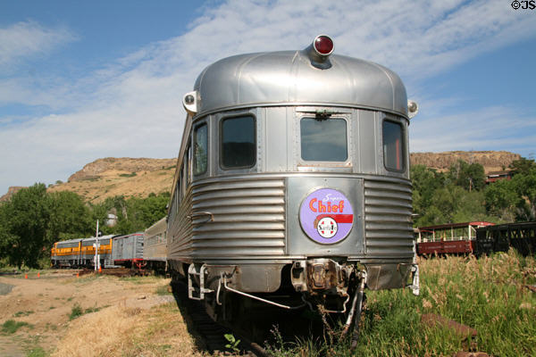 Streamlined passenger observation car Navaho of Santa Fe Super Chief (1937) built by Budd Co. at Colorado Railroad Museum. CO.