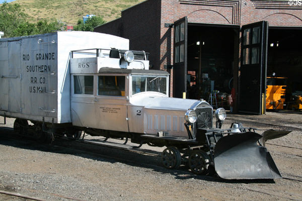 Rio Grande Southern (RGS) Motor #2 (1931) with Buick 6 on Pierce-Arrow "80" body at Colorado Railroad Museum. CO. On National Register.