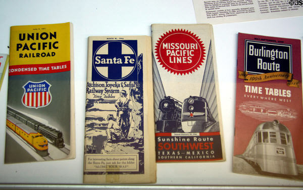 Collection of railway timetables at Colorado Railroad Museum. CO.