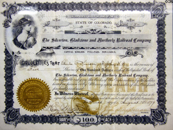 Silverton, Gladstone & Northerly Railroad Co. stock certificate (1899) at Colorado Railroad Museum. CO.