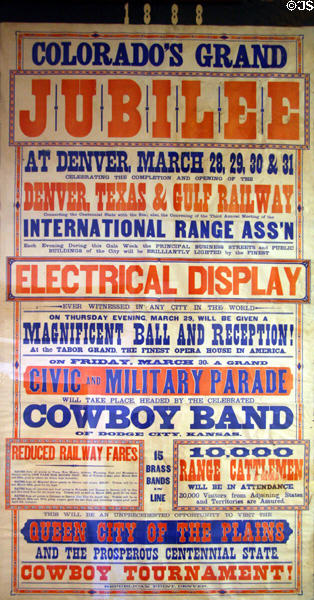 Colorado's Grand Jubilee (1888) poster to celebrate opening Denver Texas & Gulf Railway at Colorado Railroad Museum. CO.
