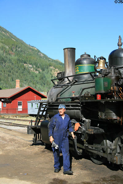 Engineer greets visitors at Georgetown Loop Railroad. Silver Plume, CO.