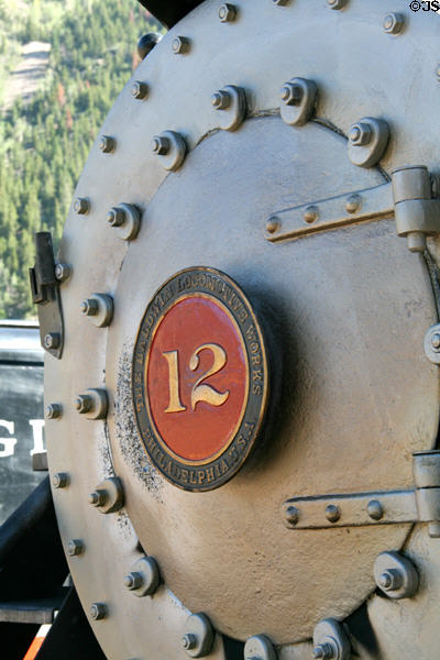 Baldwin Locomotive Works makers plaque on front of Georgetown Loop Railroad engine 12. Silver Plume, CO.