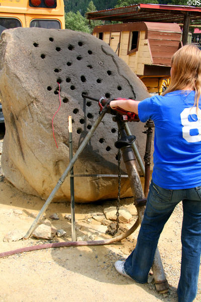 Demonstration of rock drilling holes to be loaded with explosives to blast rock into chunks for milling at Argo Gold Mine & Mill. Idaho Springs, CO.