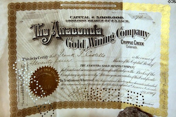 Anaconda Gold Mining Co. stock certificate (1899) at Cripple Creek District Museum. Cripple Creek, CO.