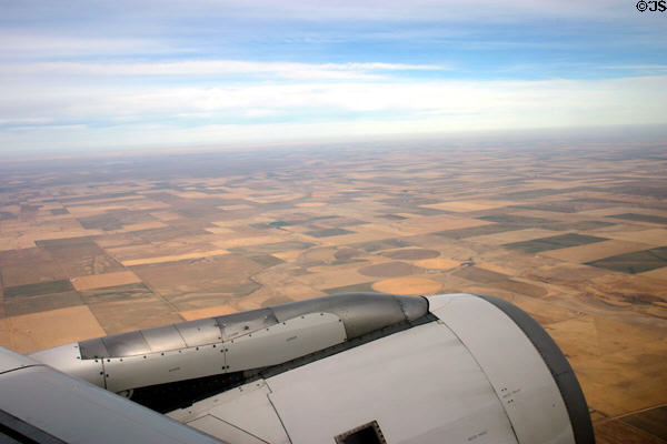Prairie croplands near Denver International Airport with circular fields for rotary irrigation from air. CO.