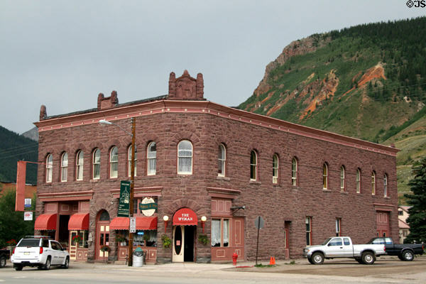 Louis Wyman Hotel (1902) (1371 Greene St.) in red sandstone with carved burro above door. Silverton, CO.